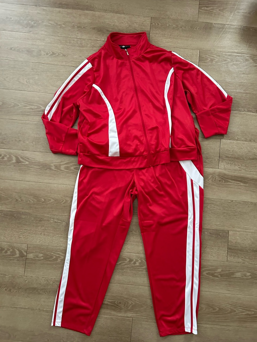 Ashley Stewart Red Two-Piece Track Suit with White Stripe Detail